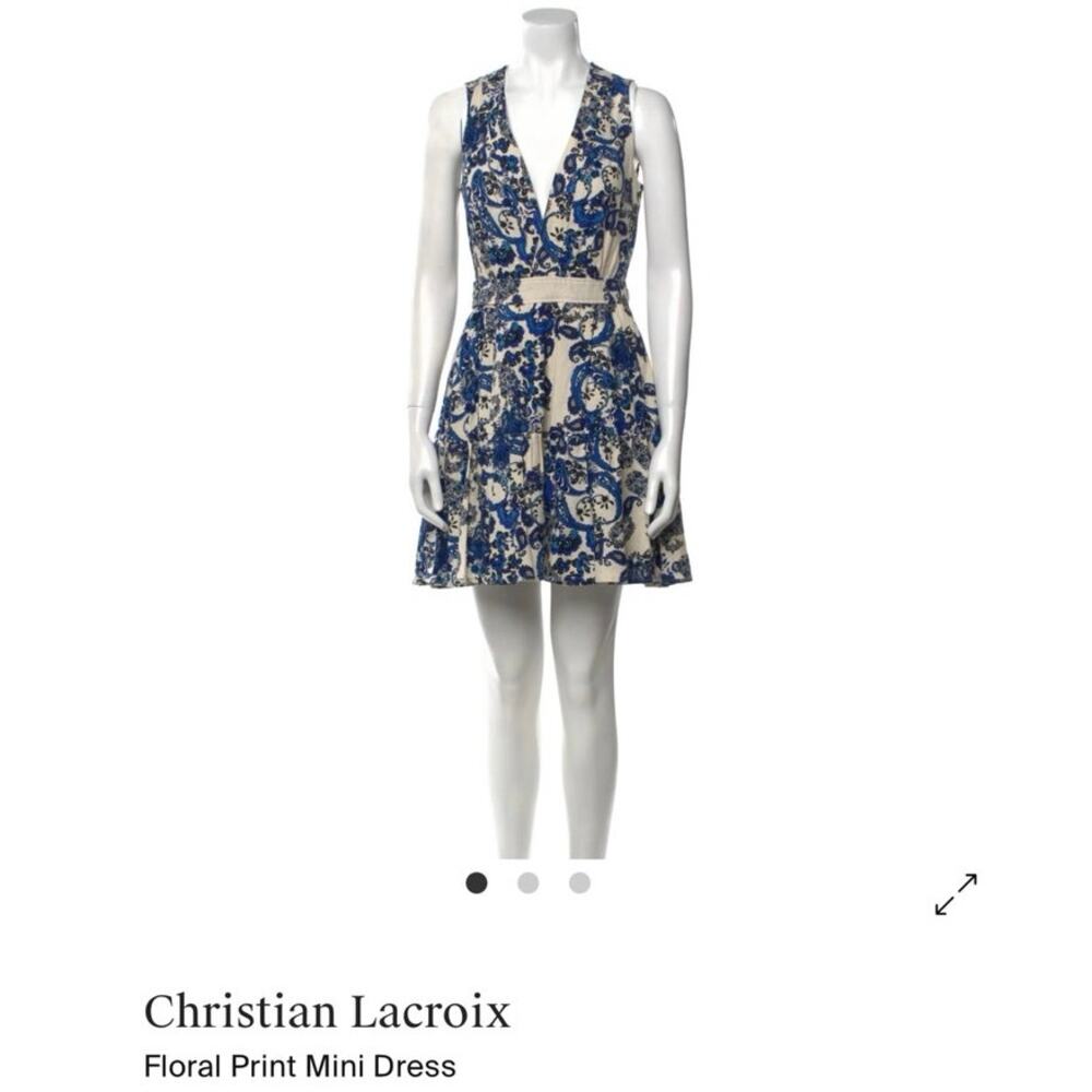 CHRISTIAN LACROIX Linen Blend Wrap Mini Dress Blue Porcelain Print Size Med
